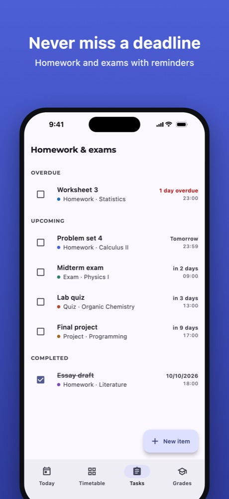 Homework and exams by due date